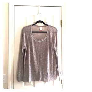 Soft sheer-like long sleeve sweater w/jewel trim